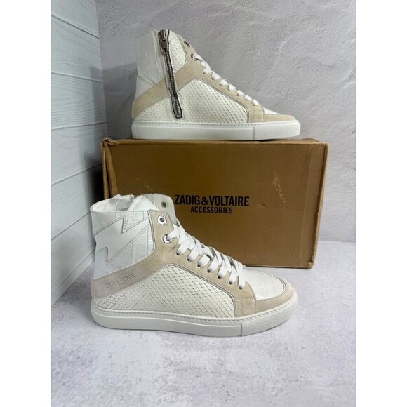 NIB Zadig & Voltaire Women’s Sneakers Size FR 38/7 USWhite With Snakeskin Effect - Picture 1 of 16